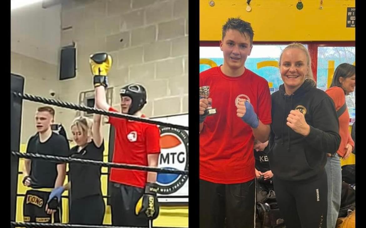 Left: a BKA fighter in a red tee has his hand raised by the referee in the ring. Right: Michelle beside the same fighter holding his trophy.